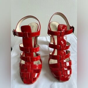 Martinez Valero Red Patent Sandals with Cork Heels